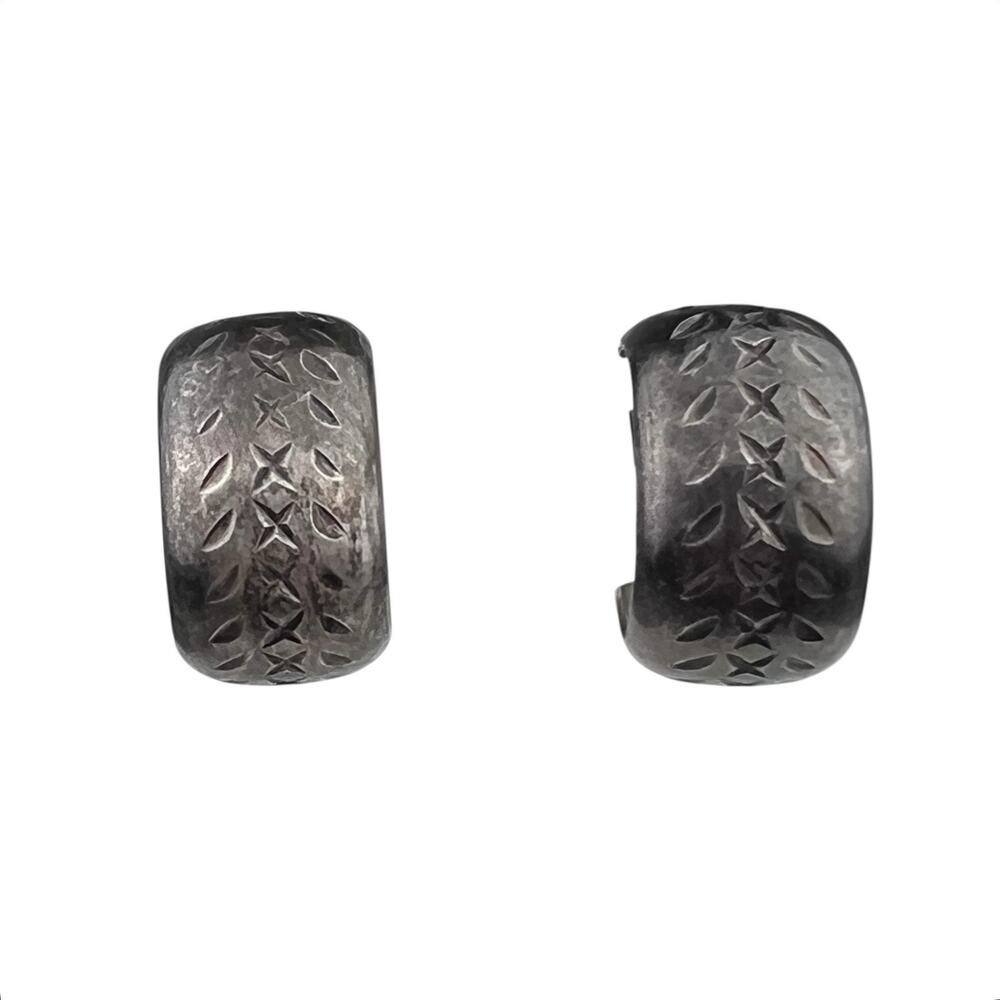 Vintage Southwest Style Etched Hoop Pierced Sterling Silver Earrings